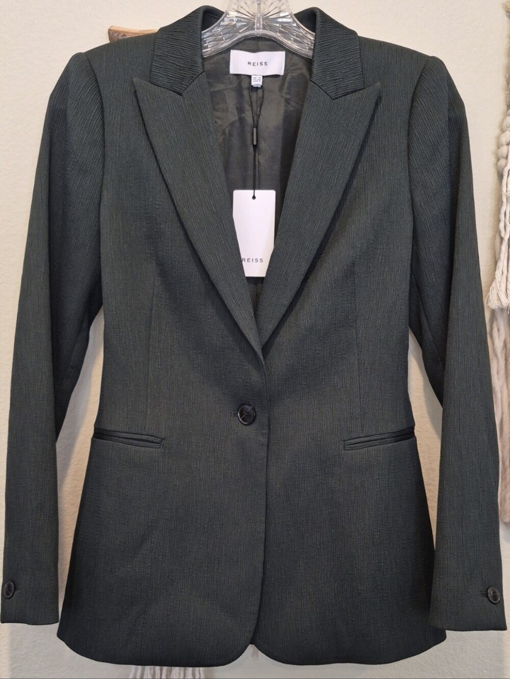 0/2 Reiss Neya Textured Tailored Fully Lined Blazer, Petrol Blue Hunter Green - Picture 4 of 14